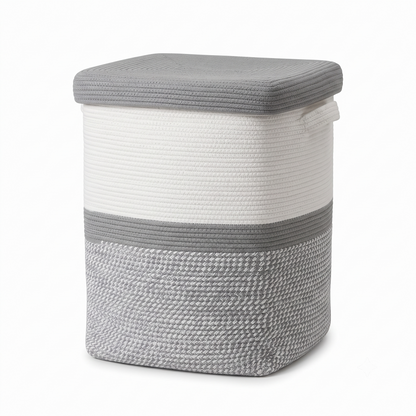 Premium Square Cotton Rope Laundry Basket with Removable Cloth Liner & Lid – Foldable Laundry Organizer | 14 × 14 × 20 Inch (DZ)
