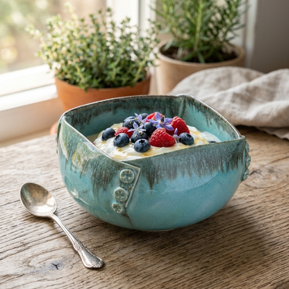 Premium Turquoise Blue Stoneware Ceramic Serving Bowl with Decorative Rivet Design | 22 × 22 × 12 cm (DZ)