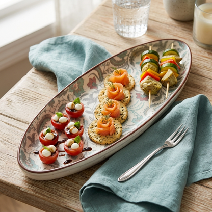 Premium White Ceramic Floral Serving Platter – Elegant Multicolor Motif with Glossy Finish | 37 × 14.5 × 2.5 cm (DZ)