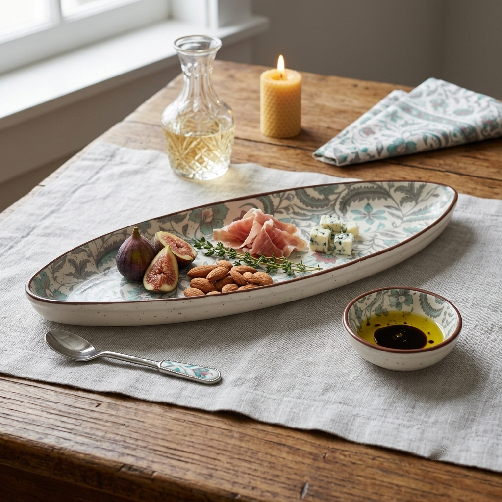 Premium White Ceramic Floral Serving Platter – Elegant Multicolor Motif with Glossy Finish | 37 × 14.5 × 2.5 cm (DZ)
