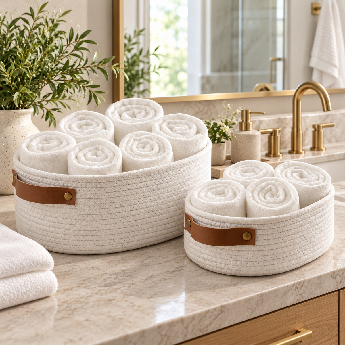 Premium White Cotton Rope Storage Basket Set of 2 – Oval Woven Home Organizer with Handles (DZ)