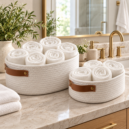 Premium White Cotton Rope Storage Basket Set of 2 – Oval Woven Home Organizer with Handles (DZ)