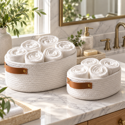 Premium White Cotton Rope Storage Basket Set of 2 – Oval Woven Home Organizer with Handles (DZ)