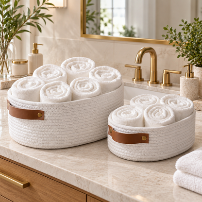 Premium White Cotton Rope Storage Basket Set of 2 – Oval Woven Home Organizer with Handles (DZ)