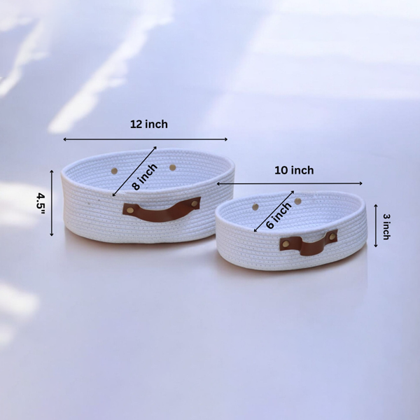 Premium White Cotton Rope Storage Basket Set of 2 – Oval Woven Home Organizer with Handles (DZ)
