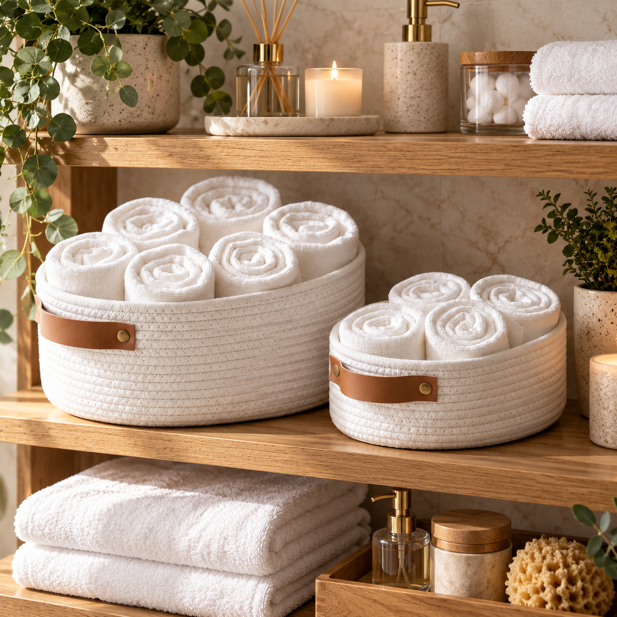 Premium White Cotton Rope Storage Basket Set of 2 – Oval Woven Home Organizer with Handles (DZ)