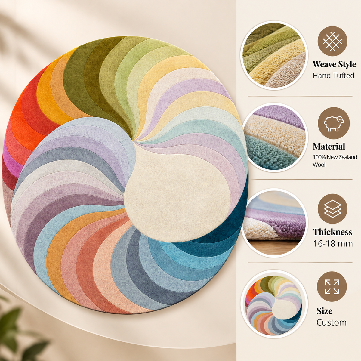 Prismatic Spiral Rug | Flowing Spiral Pattern with Layered Curves (GG)