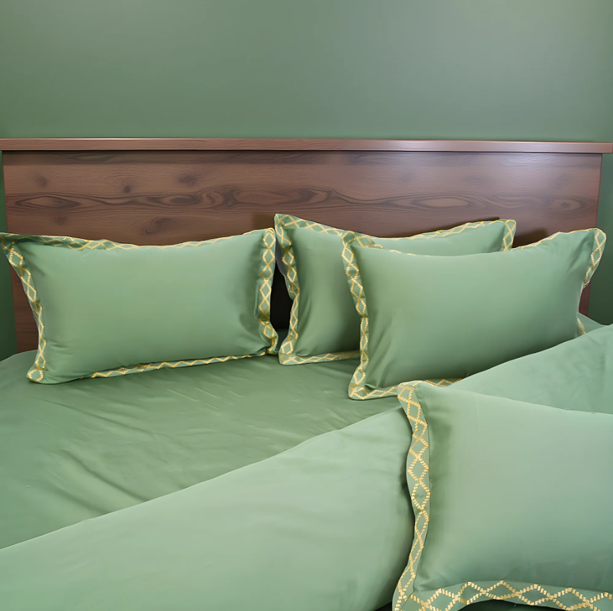 Pristine Green Gold (300 TC) - 100% Cotton King-Size Bedsheet + 2 Pillow Covers