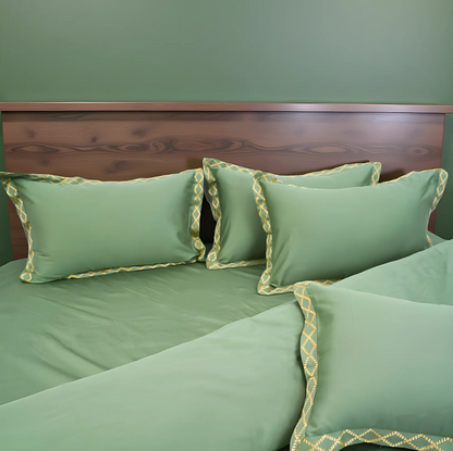 Pristine Green Gold (300 TC) - 100% Cotton King-Size Bedsheet + 2 Pillow Covers