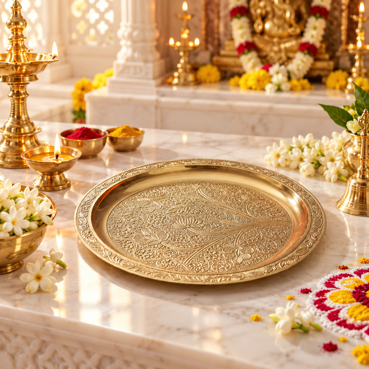 Pure Brass Puja Thali – Floral Embossed Aarti Plate - (DZ)