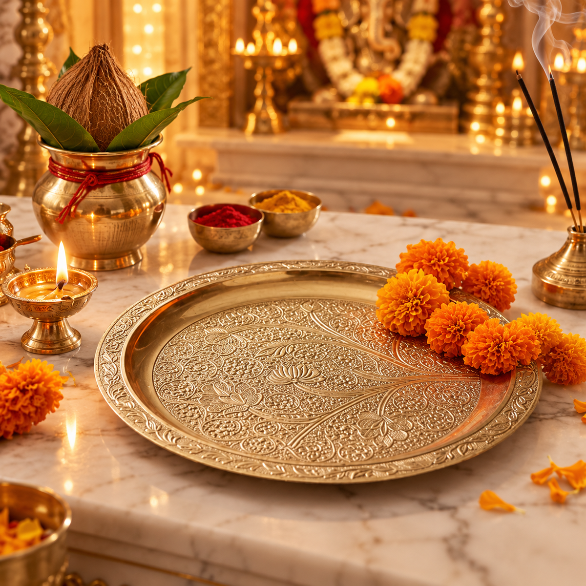 Pure Brass Puja Thali – Floral Embossed Aarti Plate - (DZ)