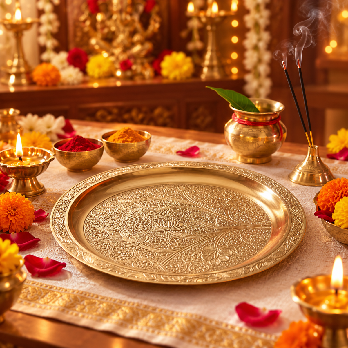 Pure Brass Puja Thali – Floral Embossed Aarti Plate - (DZ)