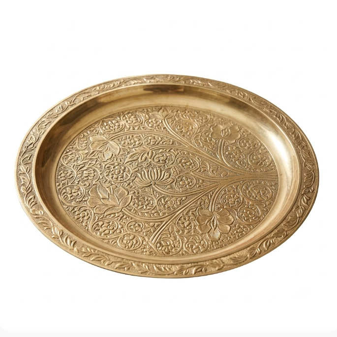 Pure Brass Puja Thali – Floral Embossed Aarti Plate - (DZ)