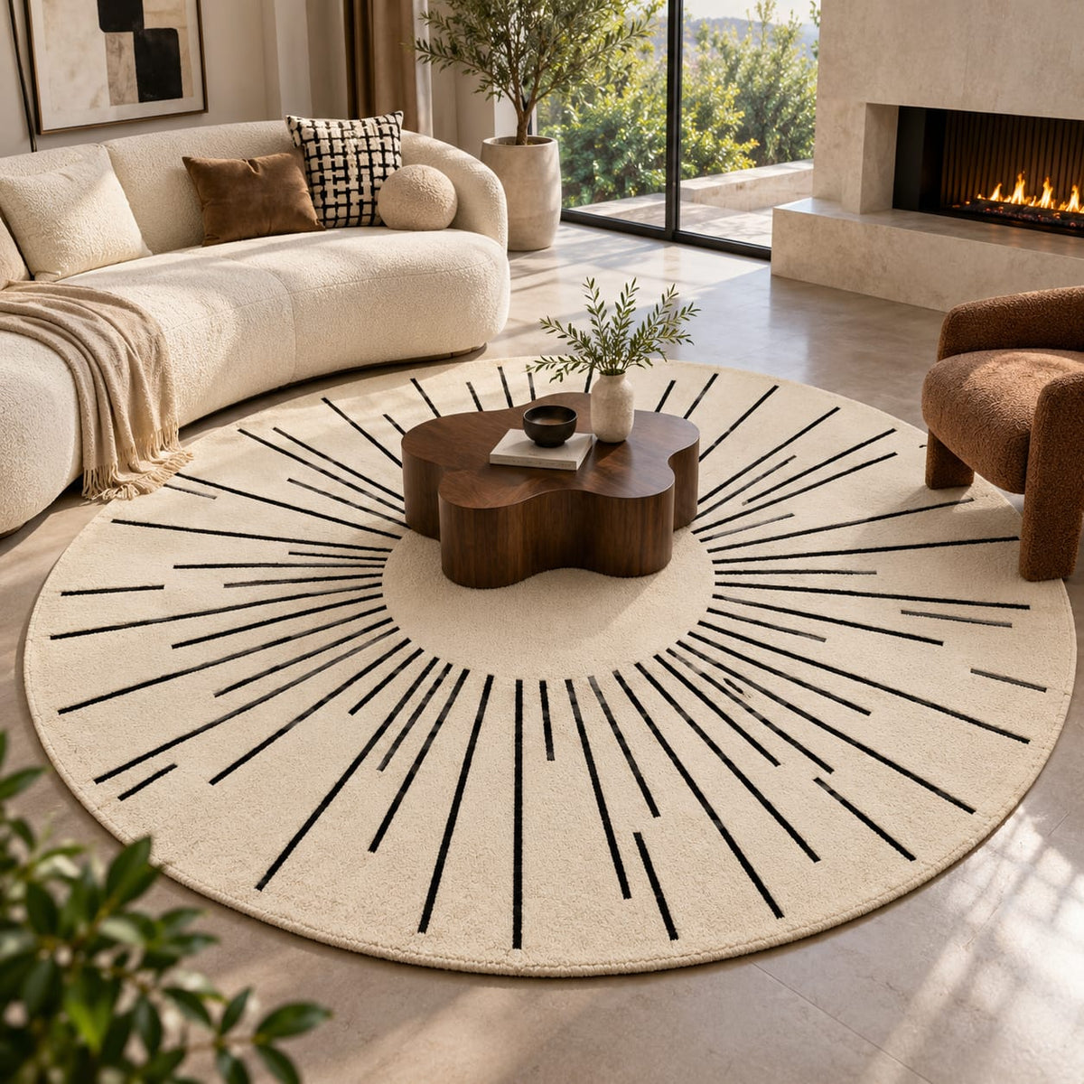 Radiant Sunburst Rug | Circular Silhouette with Fine Radial Lines (GG)