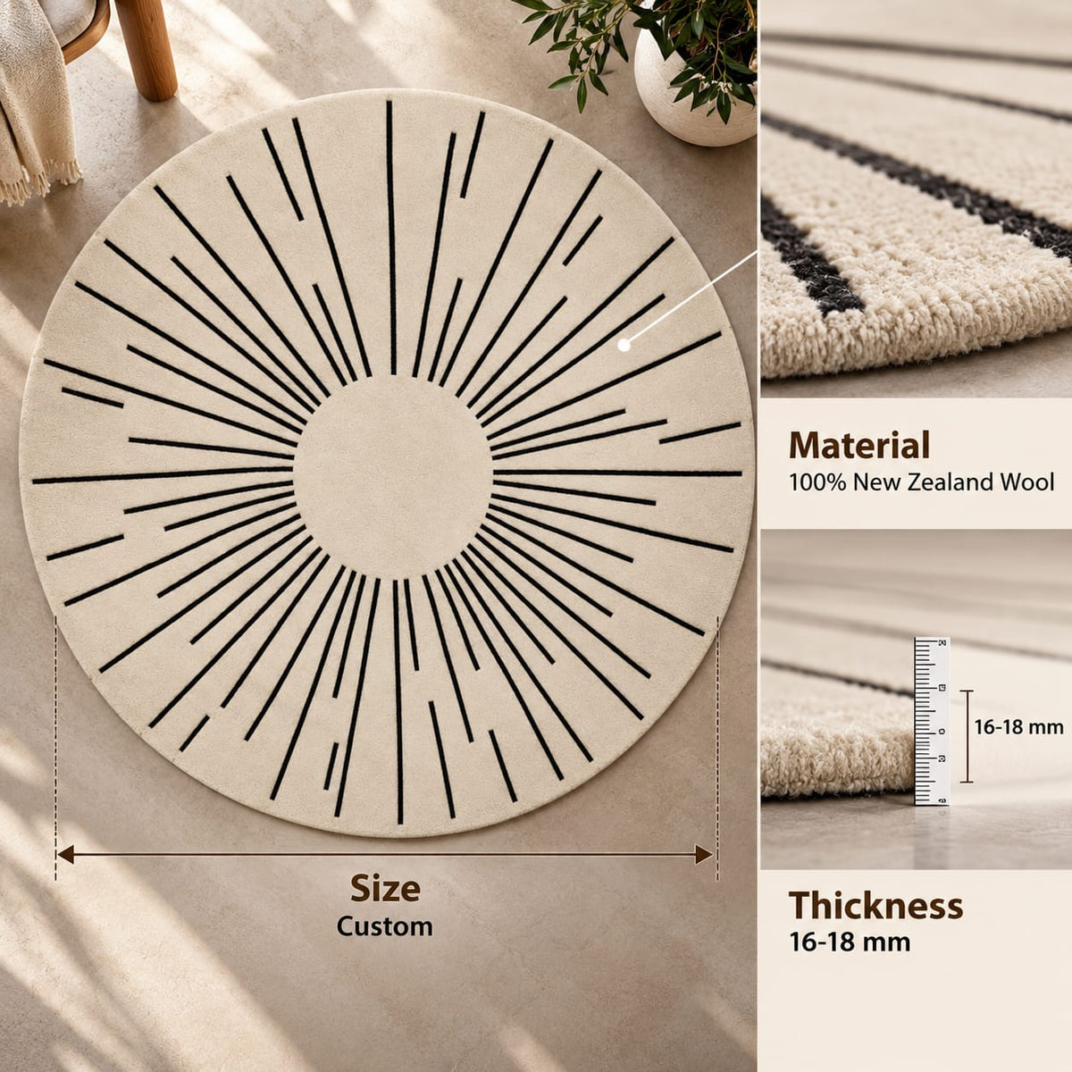 Radiant Sunburst Rug | Circular Silhouette with Fine Radial Lines (GG)
