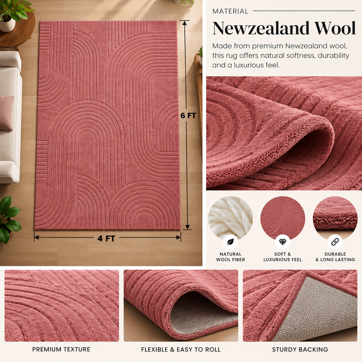 Rose Circle New Zealand Wool Rug | Embossed Circular Abstract Pattern (GG)