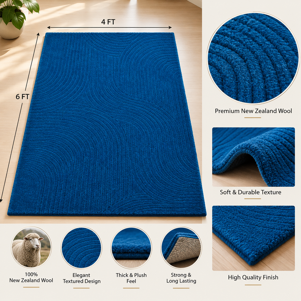 Royal Blue New Zealand Wool Rug | Subtle Textured Pattern (GG)
