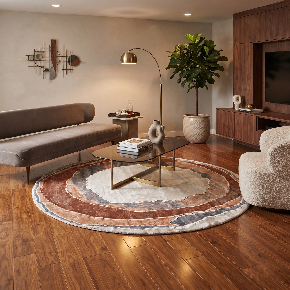 Rustic Abstract Round Rug | Layered Circular Abstract Pattern (GG)
