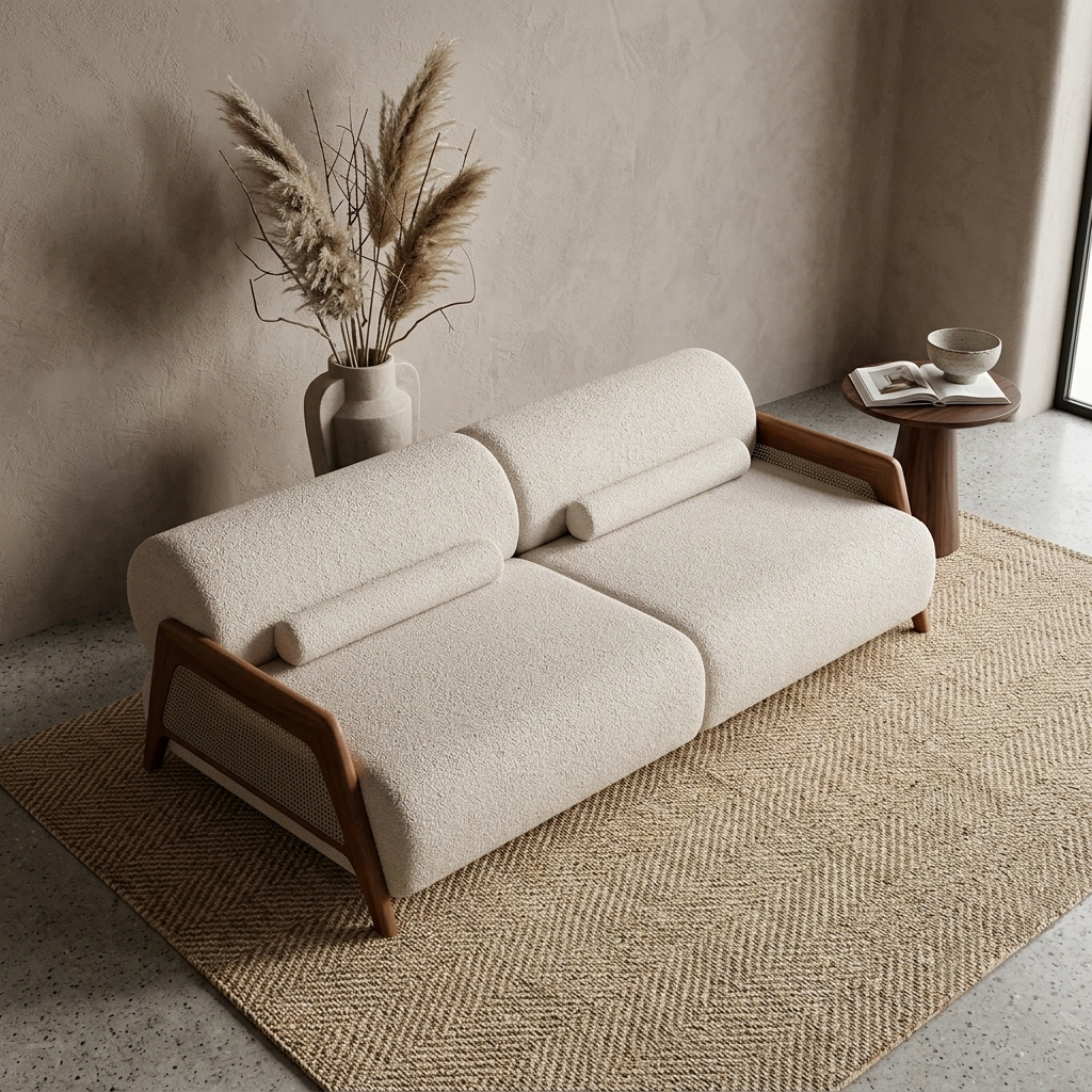 Saffron Bouclé & Woven Cane 3-Seater Sofa (2100mm) - (NO)