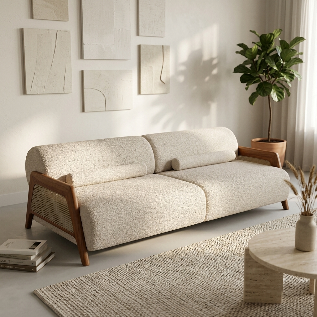 Saffron Bouclé & Woven Cane 3-Seater Sofa (2100mm) - (NO)