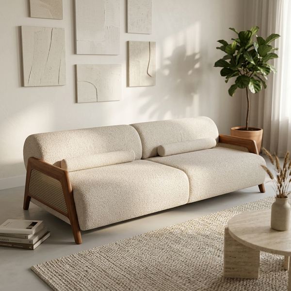 Saffron Bouclé & Woven Cane 3-Seater Sofa (2100mm) - (NO)