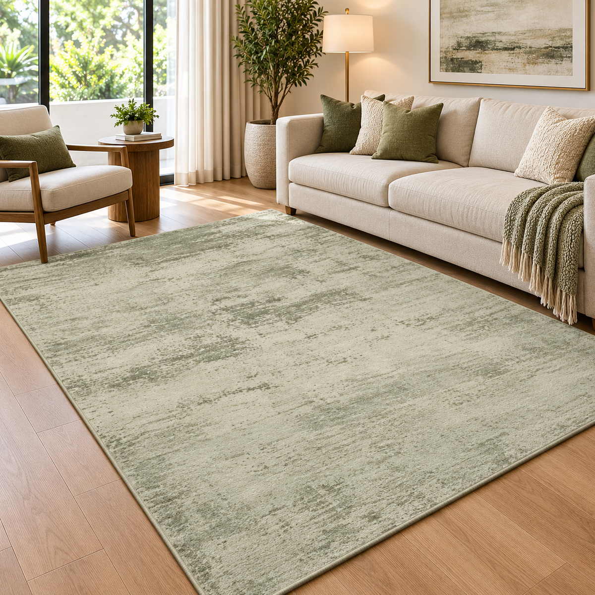 Sage Green Handloom Viscose Rug | Subtle Distressed Texture (GG)