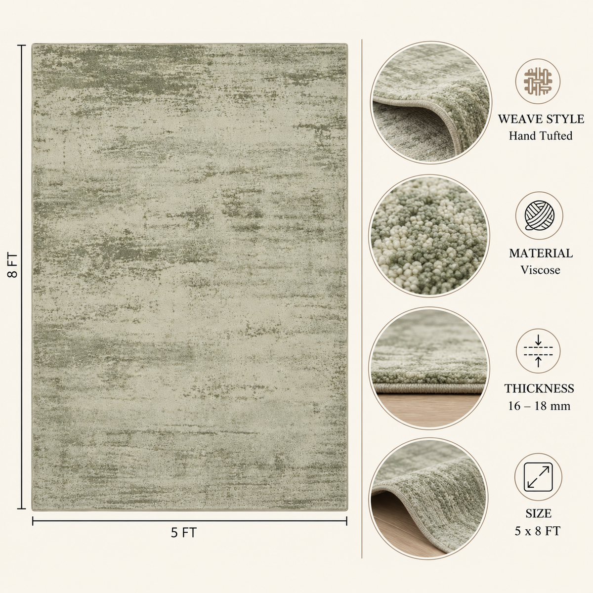Sage Green Handloom Viscose Rug | Subtle Distressed Texture (GG)