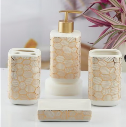 Geometric Honeycomb Bathroom Accessory Set - 1 Soap Dispenser + Toothbrush Holder + 1 Tumblers + 1 Soap Dish (W)