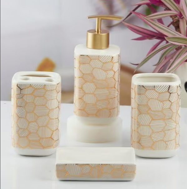 Geometric Honeycomb Bathroom Accessory Set - 1 Soap Dispenser + Toothbrush Holder + 1 Tumblers + 1 Soap Dish (W)