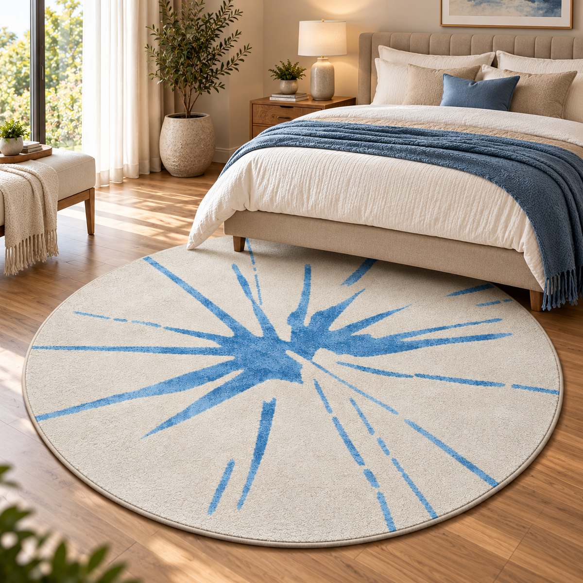 Sky Blue Sunburst Round Rug - 3*3ft | Radiating Sky-Blue Sunburst Pattern (GG)