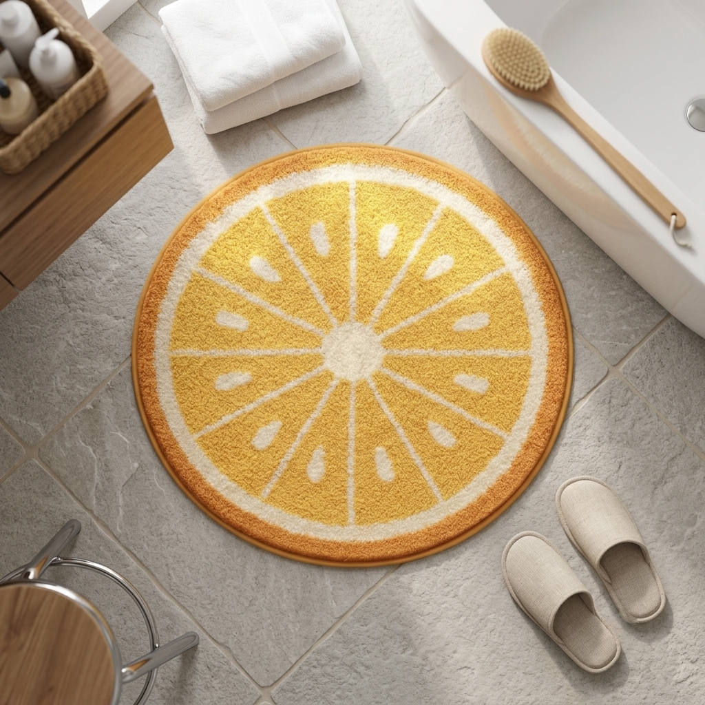 Sunny Yellow Lemon Citrus Slice Round Anti-Skid Microfiber Bathroom Mat (60 x 60 cm) - (CD)
