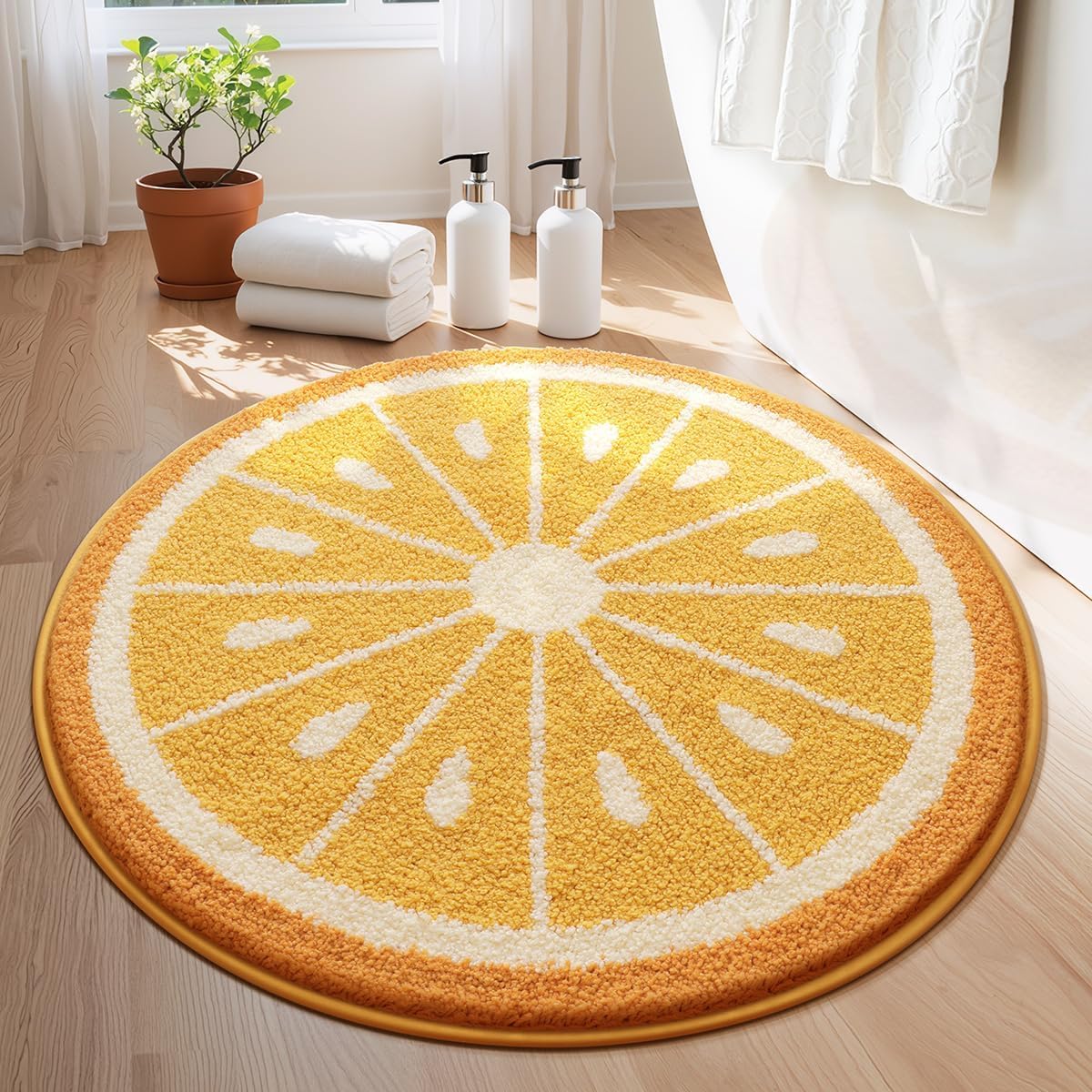 Sunny Yellow Lemon Citrus Slice Round Anti-Skid Microfiber Bathroom Mat (60 x 60 cm) - (CD)