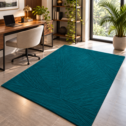 Teal Abstract New Zealand Wool Rug | Embossed Geometric Abstract Pattern (GG)