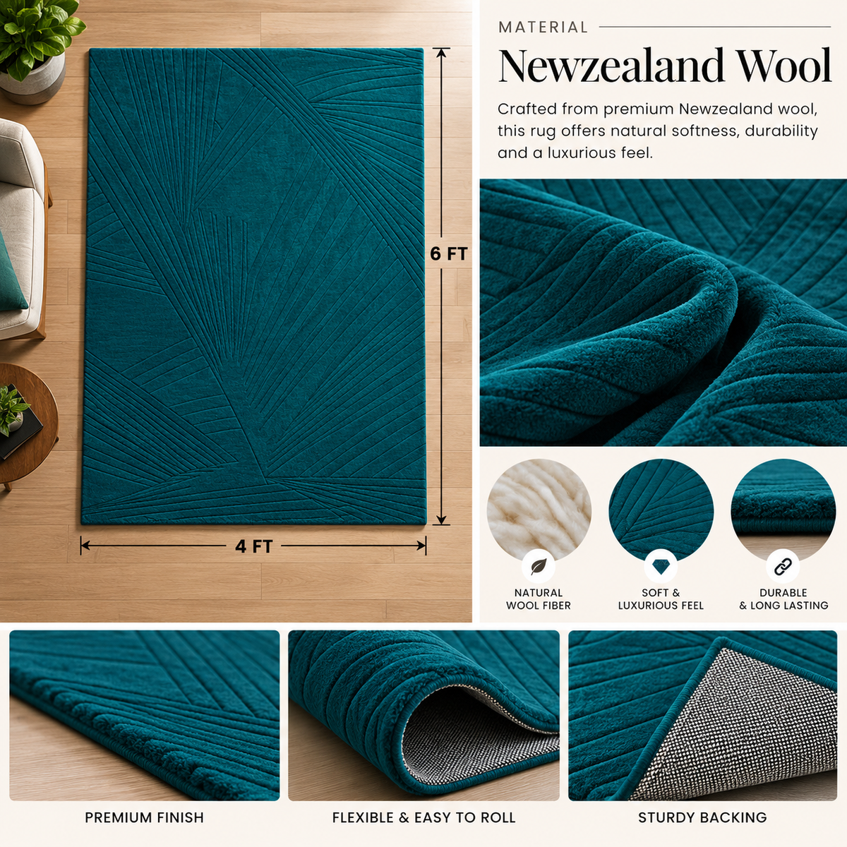 Teal Abstract New Zealand Wool Rug | Embossed Geometric Abstract Pattern (GG)