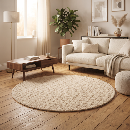 Textured Basketweave Round Rug | Raised Dimensional Basketweave Grid Pattern (GG)