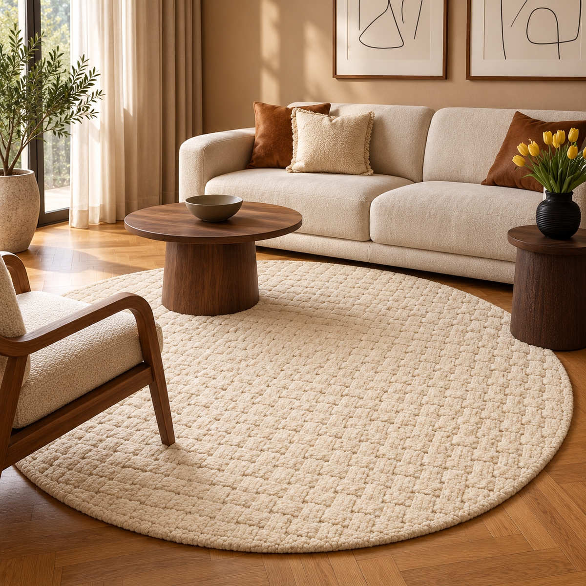 Textured Basketweave Round Rug | Raised Dimensional Basketweave Grid Pattern (GG)