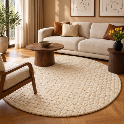 Textured Basketweave Round Rug | Raised Dimensional Basketweave Grid Pattern (GG)