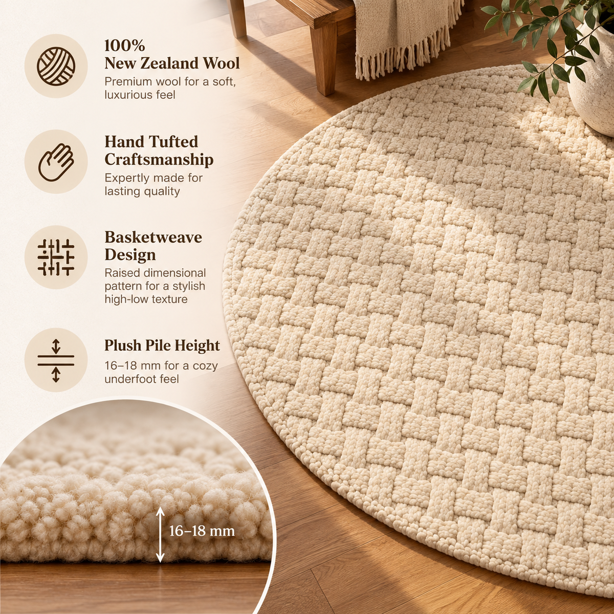 Textured Basketweave Round Rug | Raised Dimensional Basketweave Grid Pattern (GG)