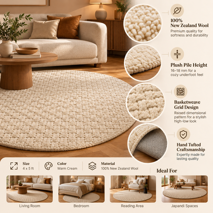 Textured Basketweave Round Rug | Raised Dimensional Basketweave Grid Pattern (GG)
