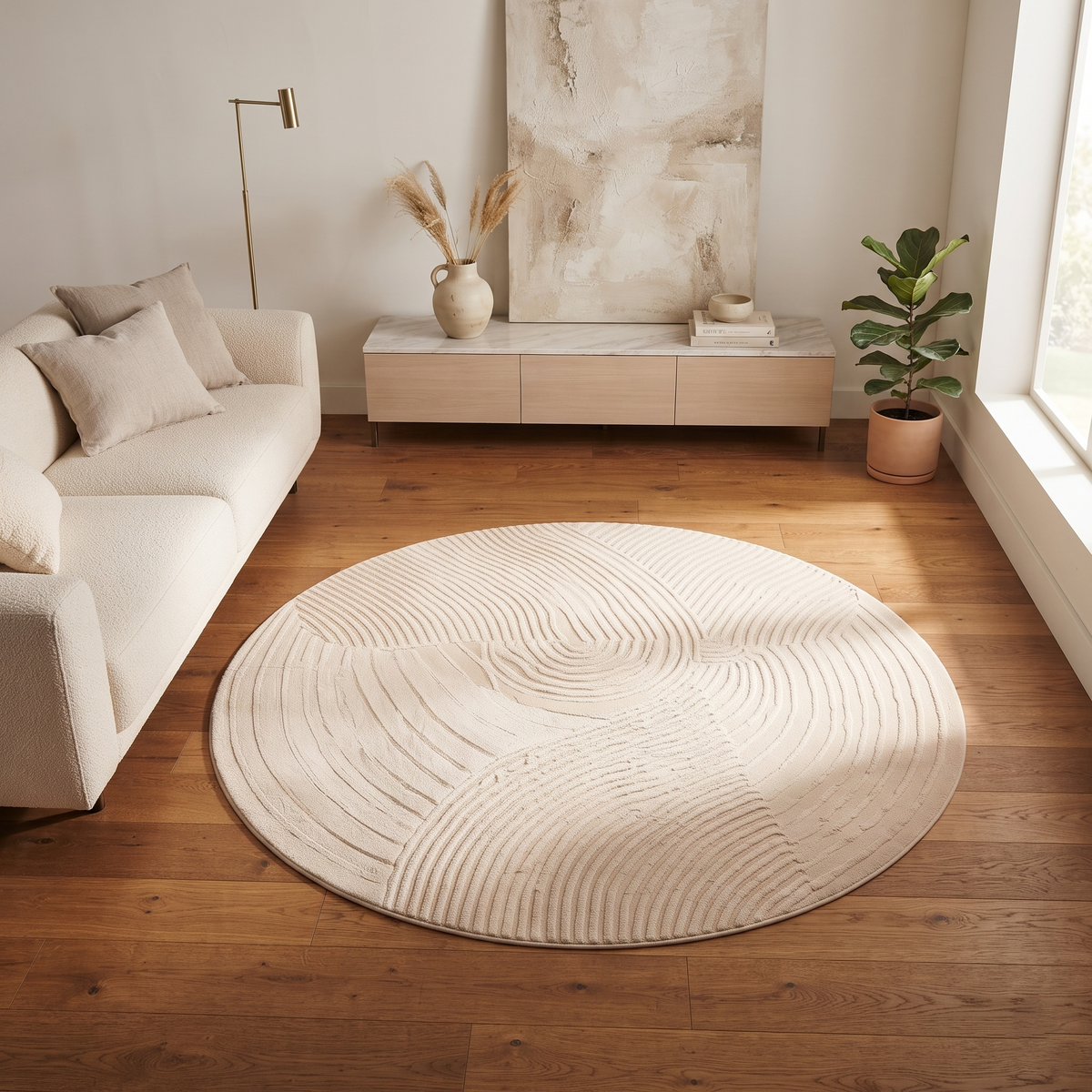 Textured Beige Wool Rug | Oval Shape with Raised Linear Patterns (GG)