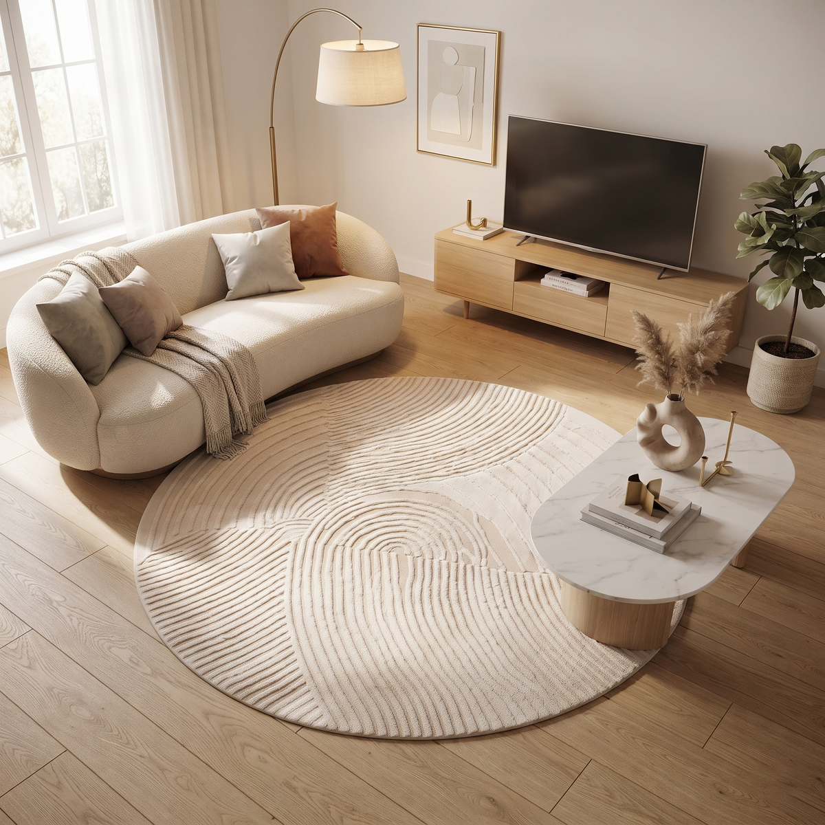 Textured Beige Wool Rug | Oval Shape with Raised Linear Patterns (GG)