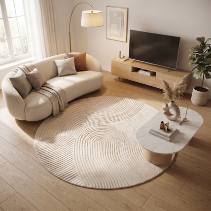 Textured Beige Wool Rug | Oval Shape with Raised Linear Patterns (GG)