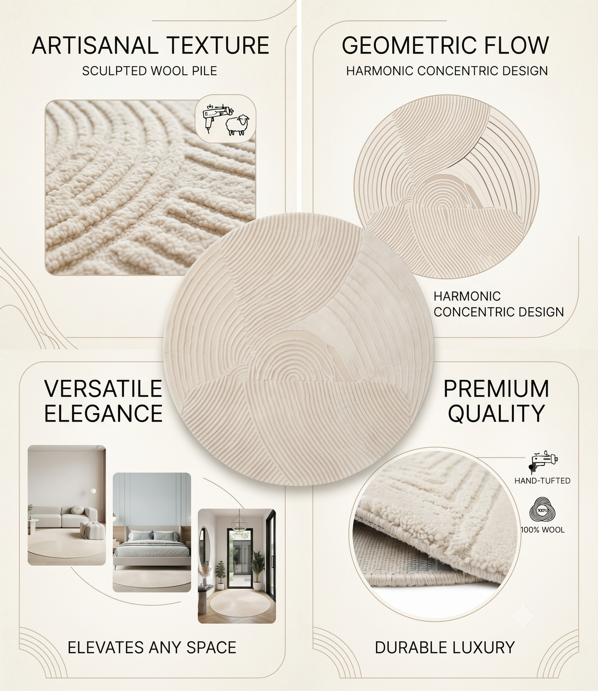 Textured Beige Wool Rug | Oval Shape with Raised Linear Patterns (GG)