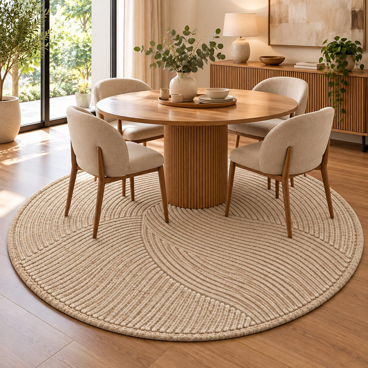 Textured Neutral Grooved Round Rug | Abstract Three-Panel Grooved Pinwheel Layout (GG)
