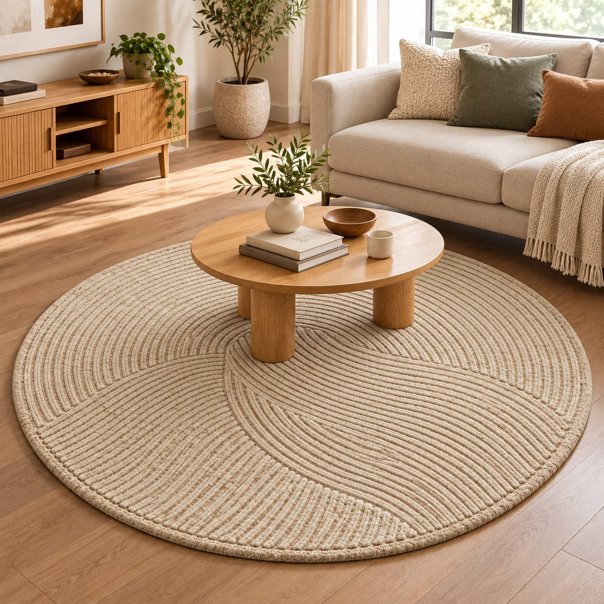 Textured Neutral Grooved Round Rug | Abstract Three-Panel Grooved Pinwheel Layout (GG)