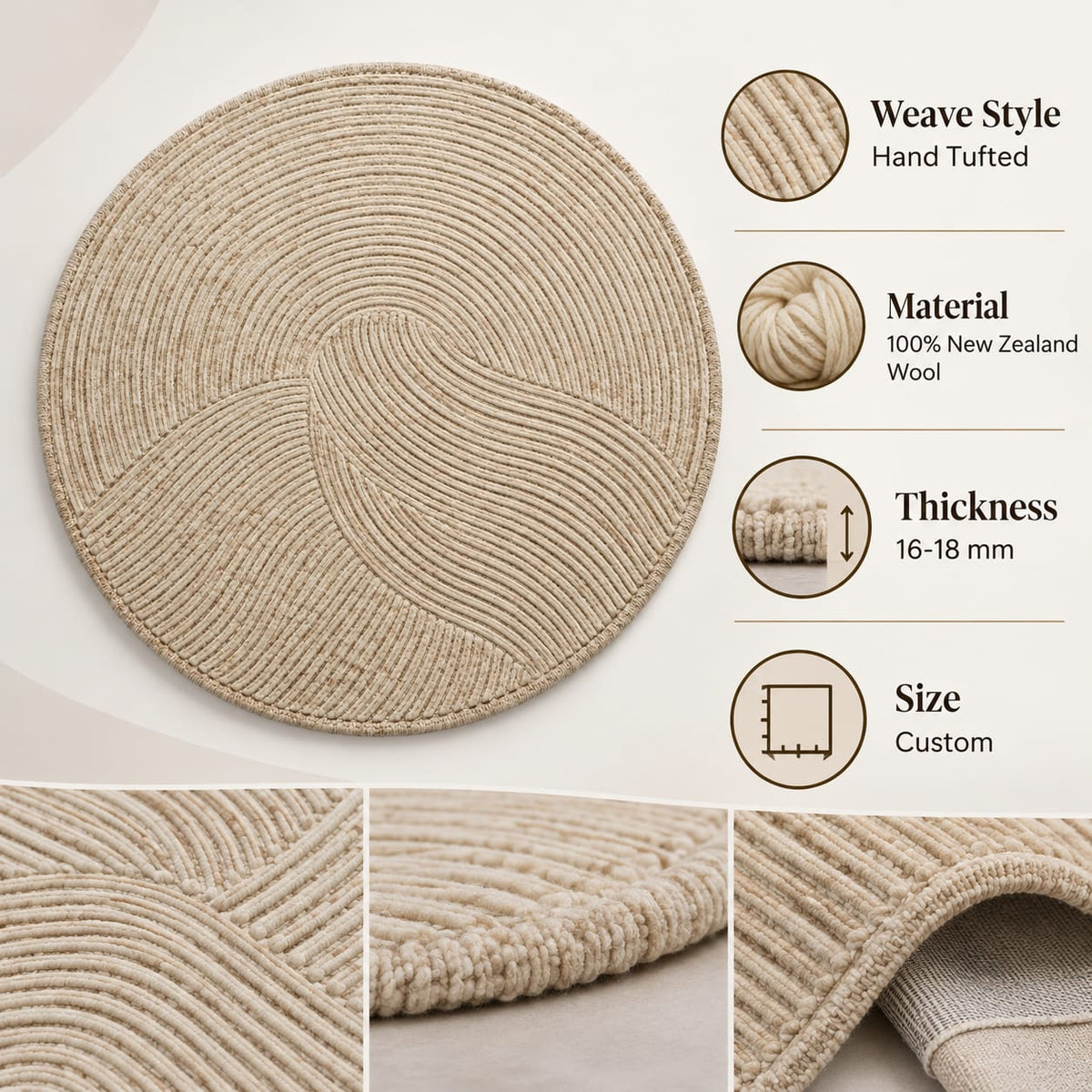 Textured Neutral Grooved Round Rug | Abstract Three-Panel Grooved Pinwheel Layout (GG)