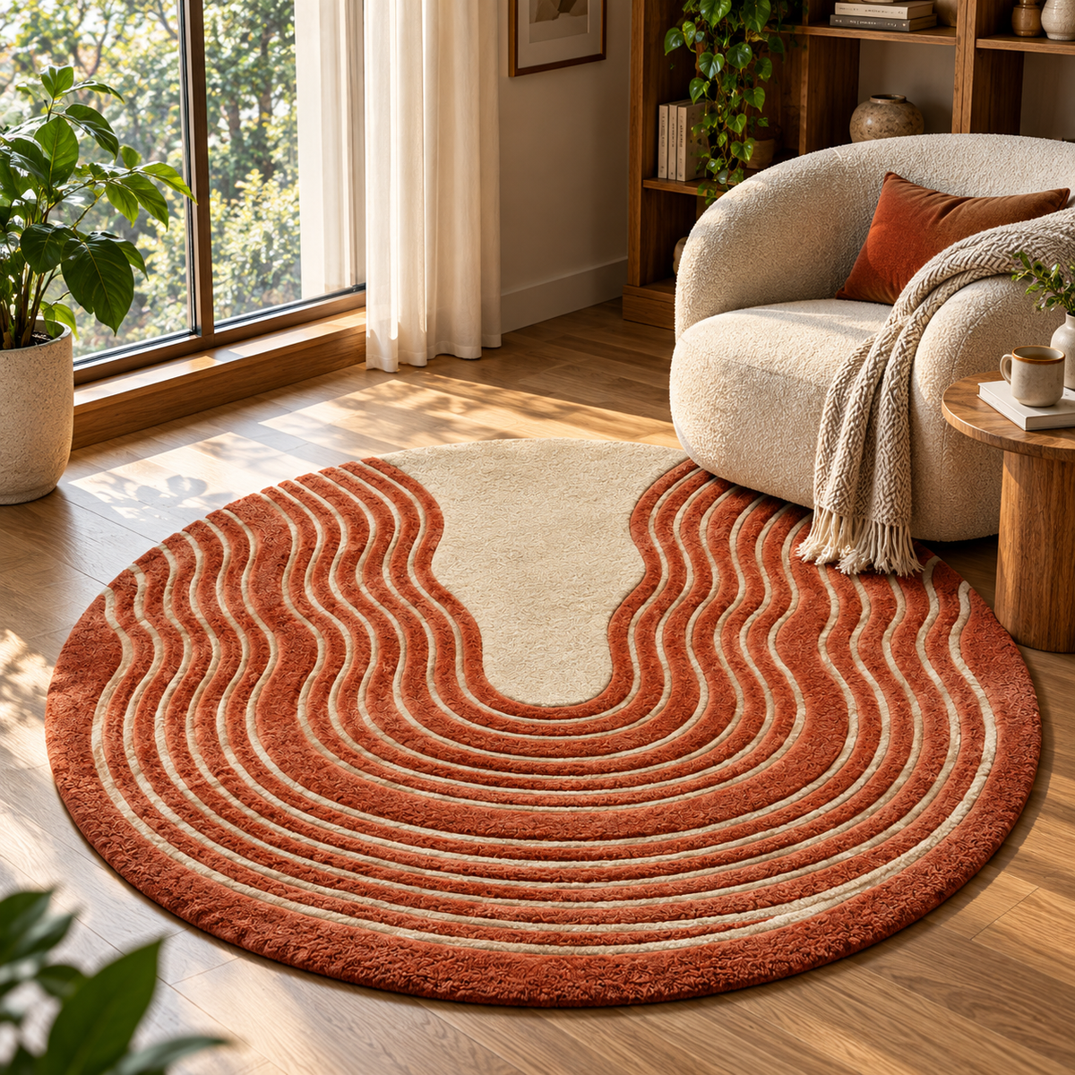 Textured Terracotta Concentric Round Rug | Horseshoe-Shaped Concentric High-Low Ripples (GG)