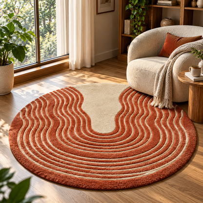 Textured Terracotta Concentric Round Rug | Horseshoe-Shaped Concentric High-Low Ripples (GG)