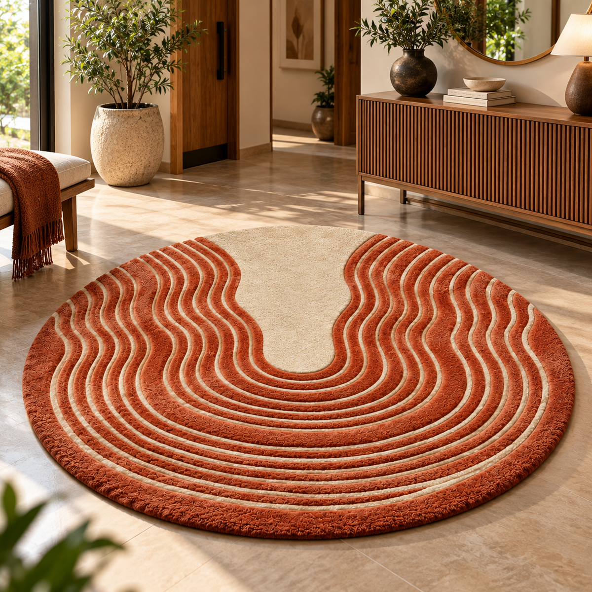 Textured Terracotta Concentric Round Rug | Horseshoe-Shaped Concentric High-Low Ripples (GG)