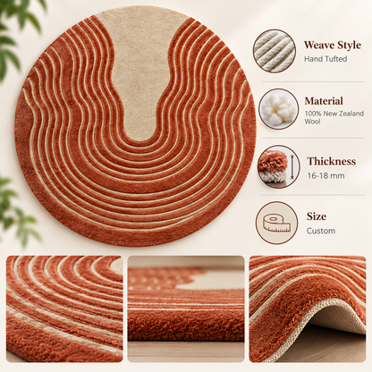 Textured Terracotta Concentric Round Rug | Horseshoe-Shaped Concentric High-Low Ripples (GG)